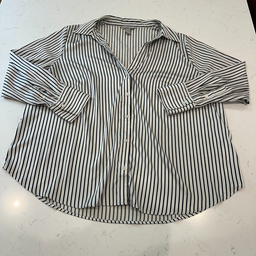 H&M Womens Button Down Shirt 2XL White Black Stripe Collared Workwear Top Blouse